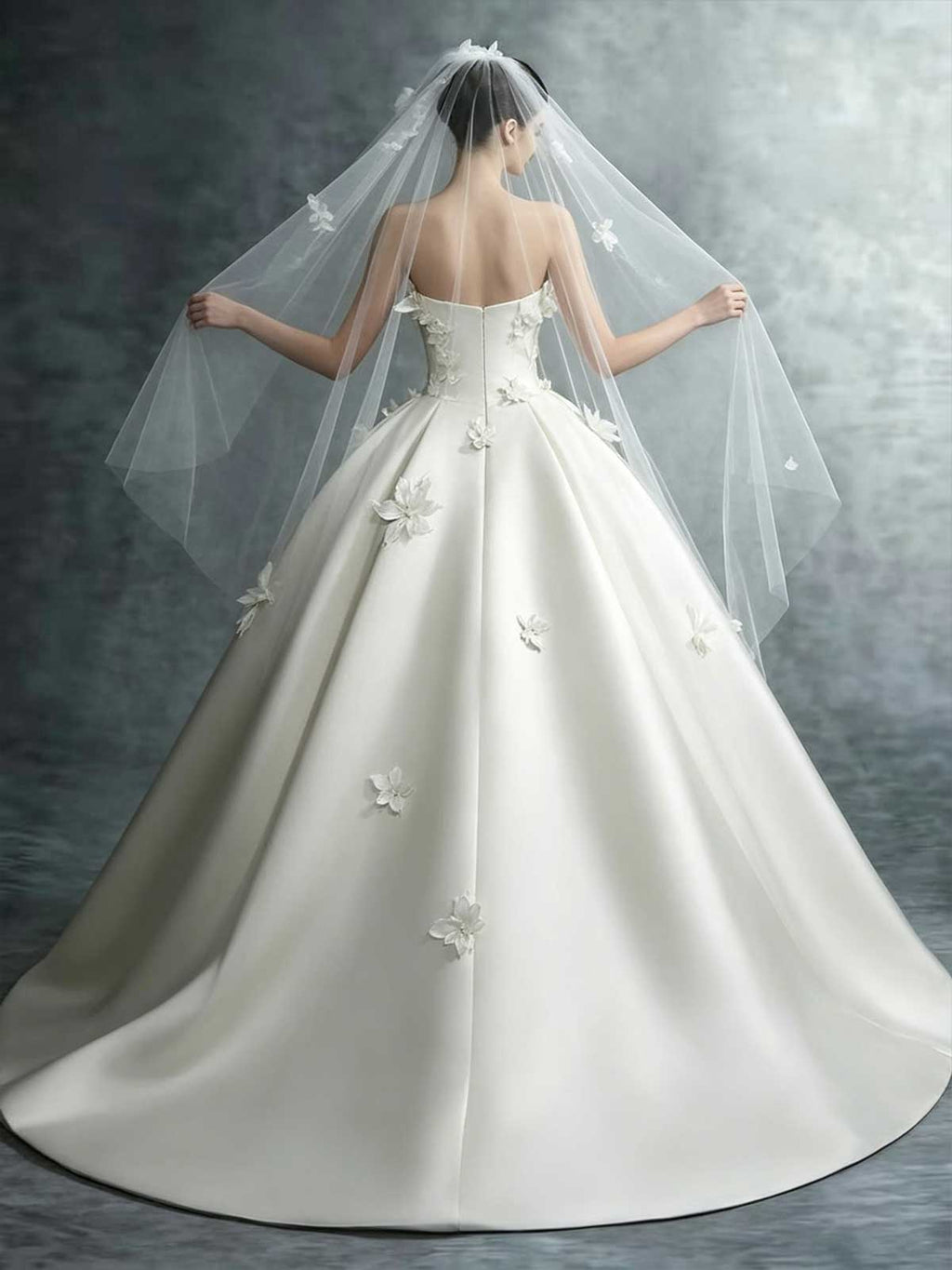 Ivory Satin 3D Floral Strapless Ball Gown Wedding Dress with Veil