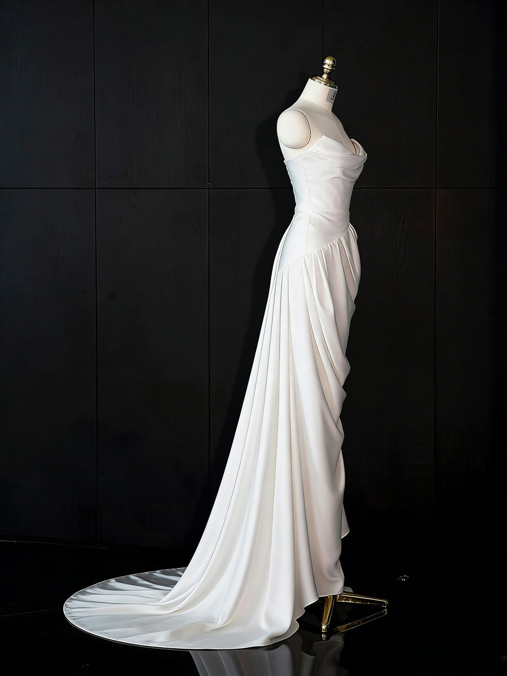 White Strapless Draped Satin Mermaid Wedding Gown
