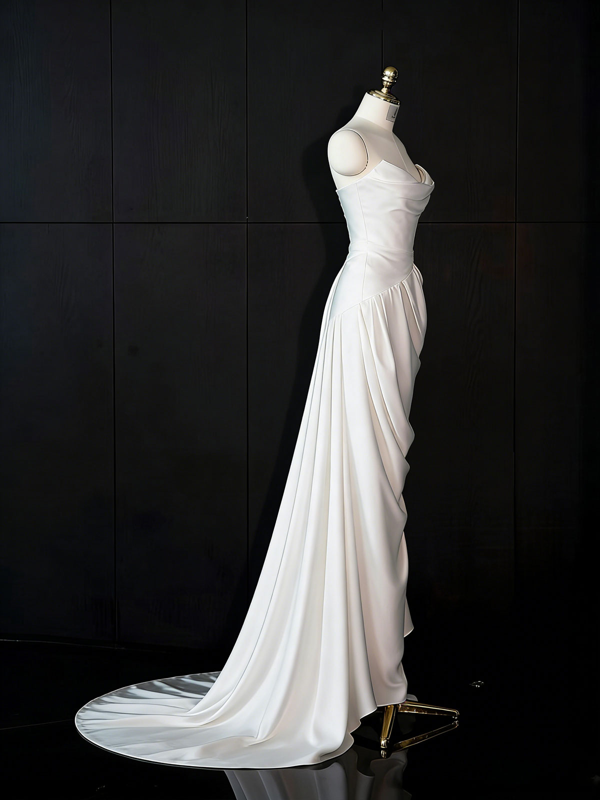 White Strapless Draped Satin Mermaid Wedding Gown
