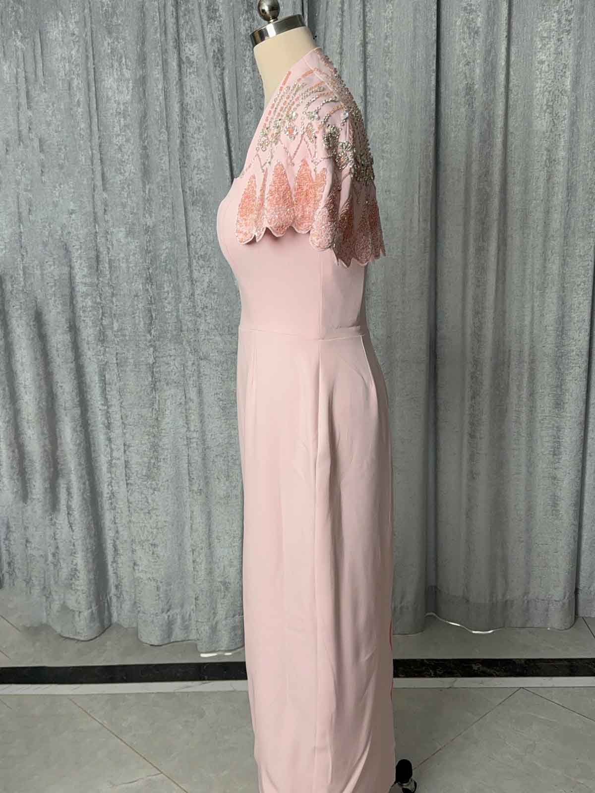 Elegant Blush Pink Formal Dress with Embellished Shrug