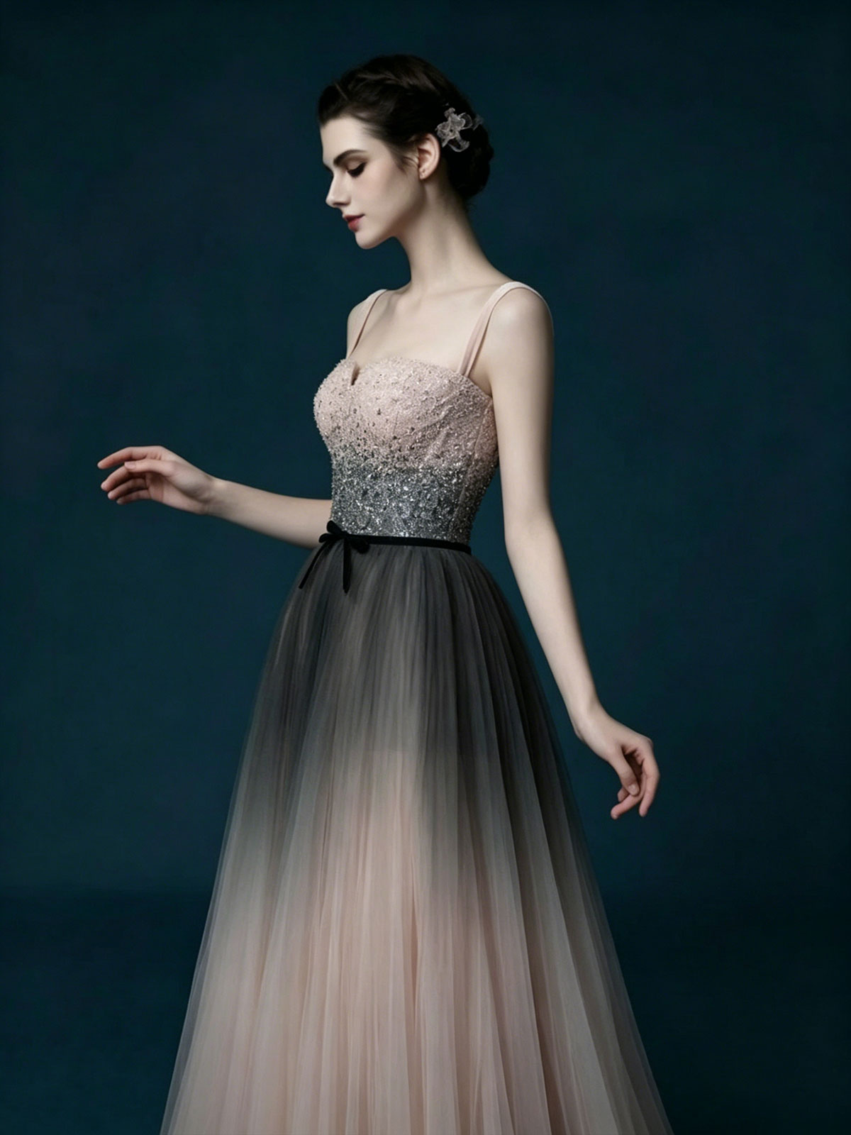 Champagne Halter Chain Sleeve Sequin Tulle A-Line Evening Gown
