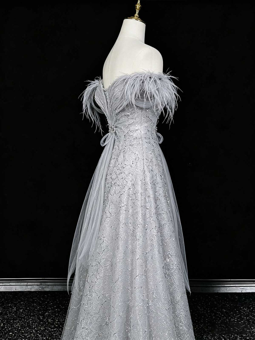 Silver Grey Off-the-Shoulder Sequin Evening Gown with Feather Trim