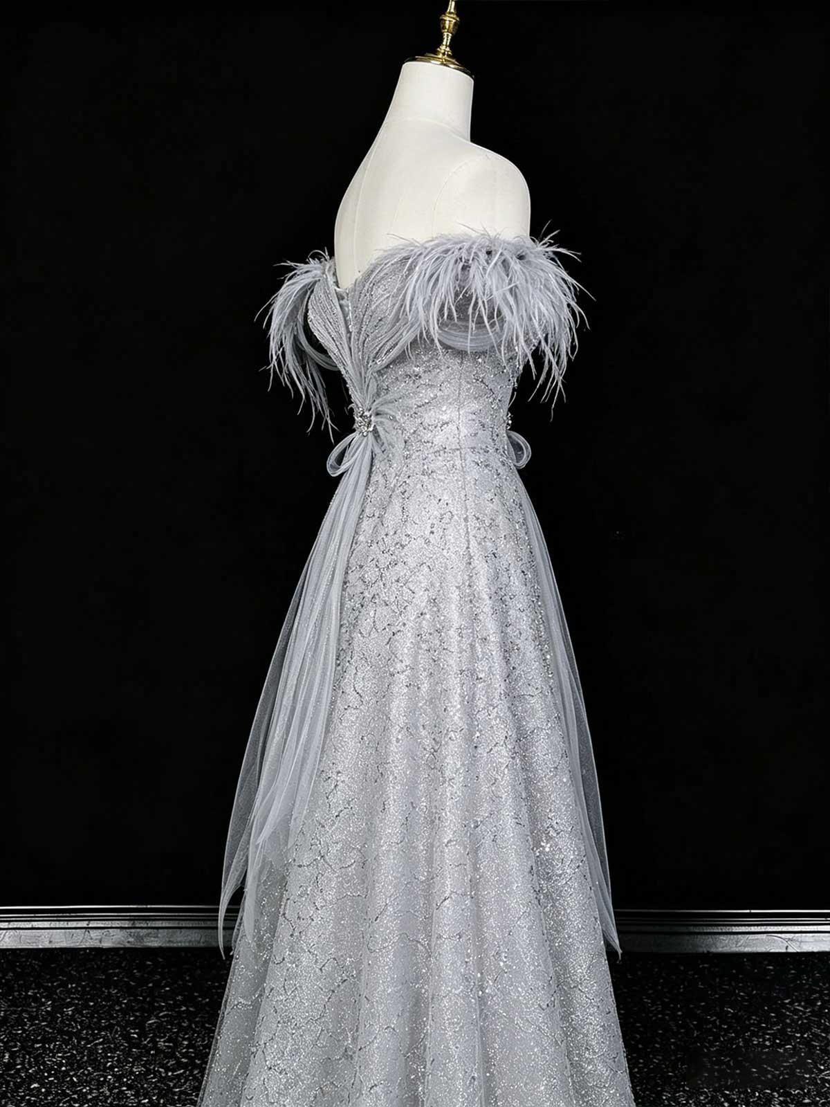 Silver Grey Off-the-Shoulder Sequin Evening Gown with Feather Trim