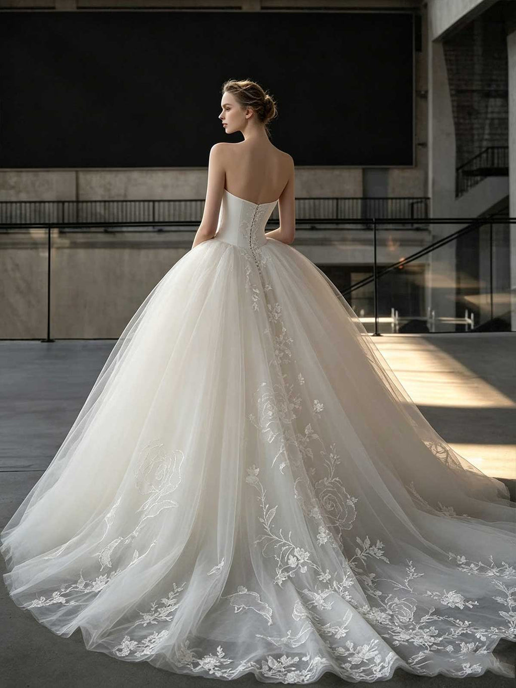 Minimalist Strapless Satin & Tulle Ball Gown Wedding Dress
