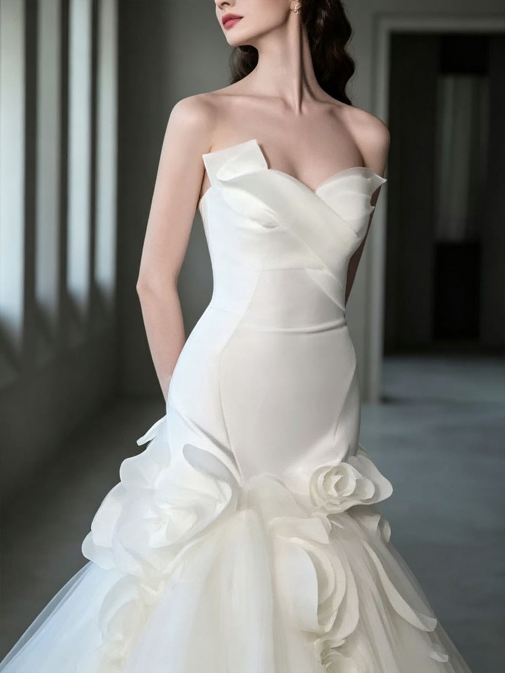 White Strapless Satin Mermaid Wedding Dress with Floral Tulle Skirt