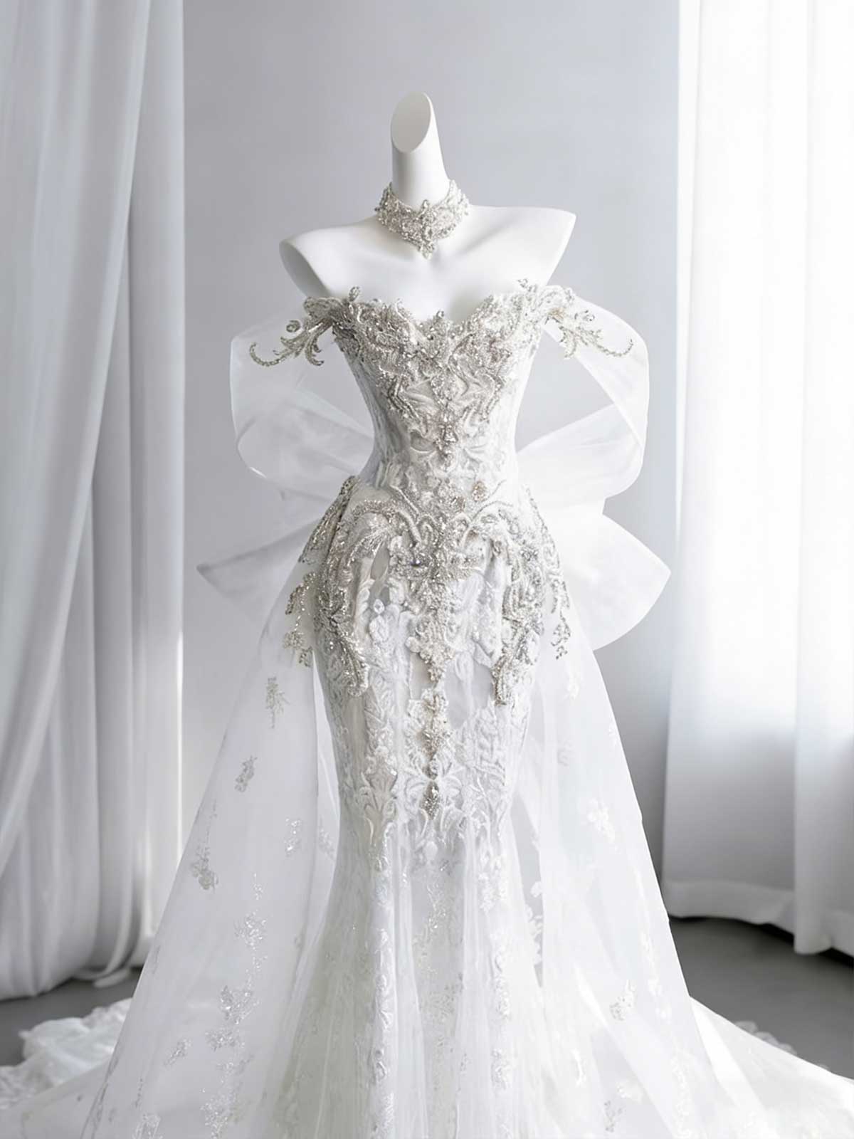 Luxury Beaded Off-Shoulder Mermaid Wedding Gown