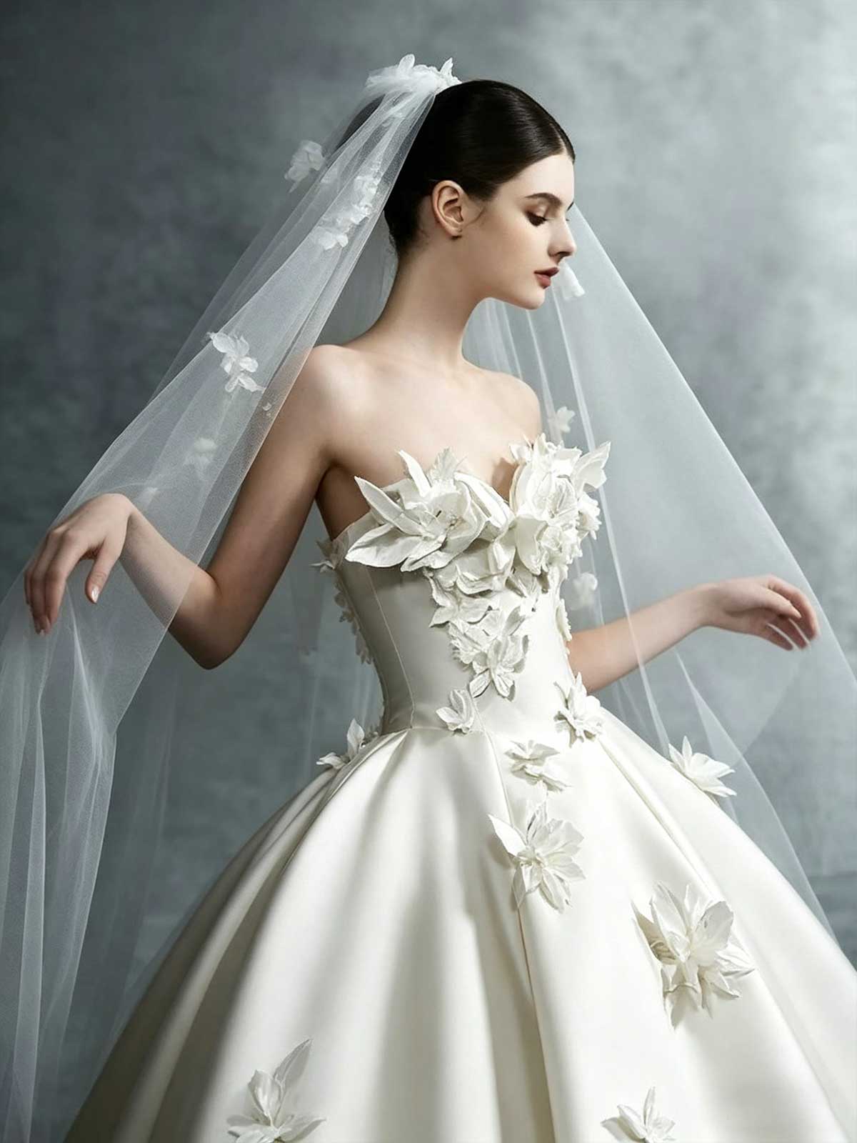 Ivory Satin 3D Floral Strapless Ball Gown Wedding Dress with Veil