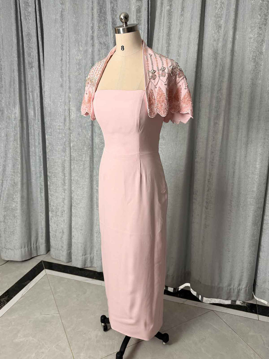 Elegant Blush Pink Formal Dress with Embellished Shrug