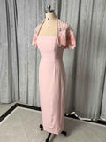 Elegant Blush Pink Formal Dress with Embellished Shrug
