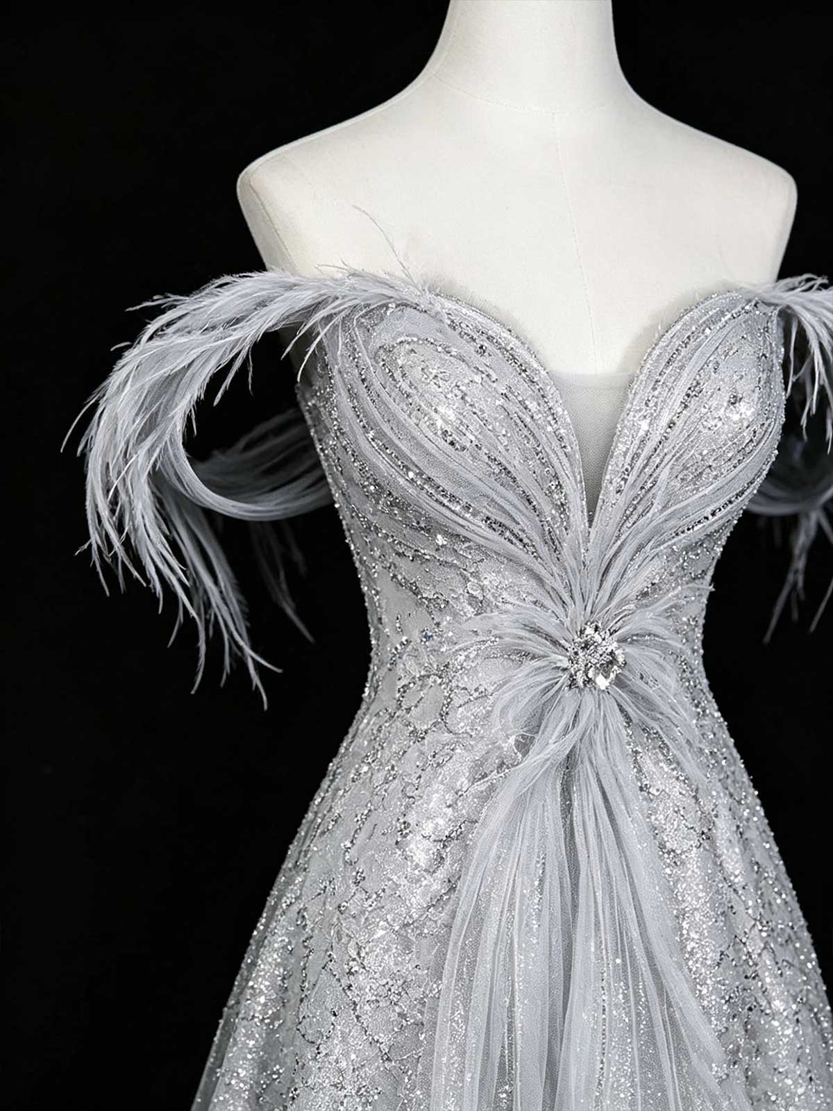 Silver Grey Off-the-Shoulder Sequin Evening Gown with Feather Trim