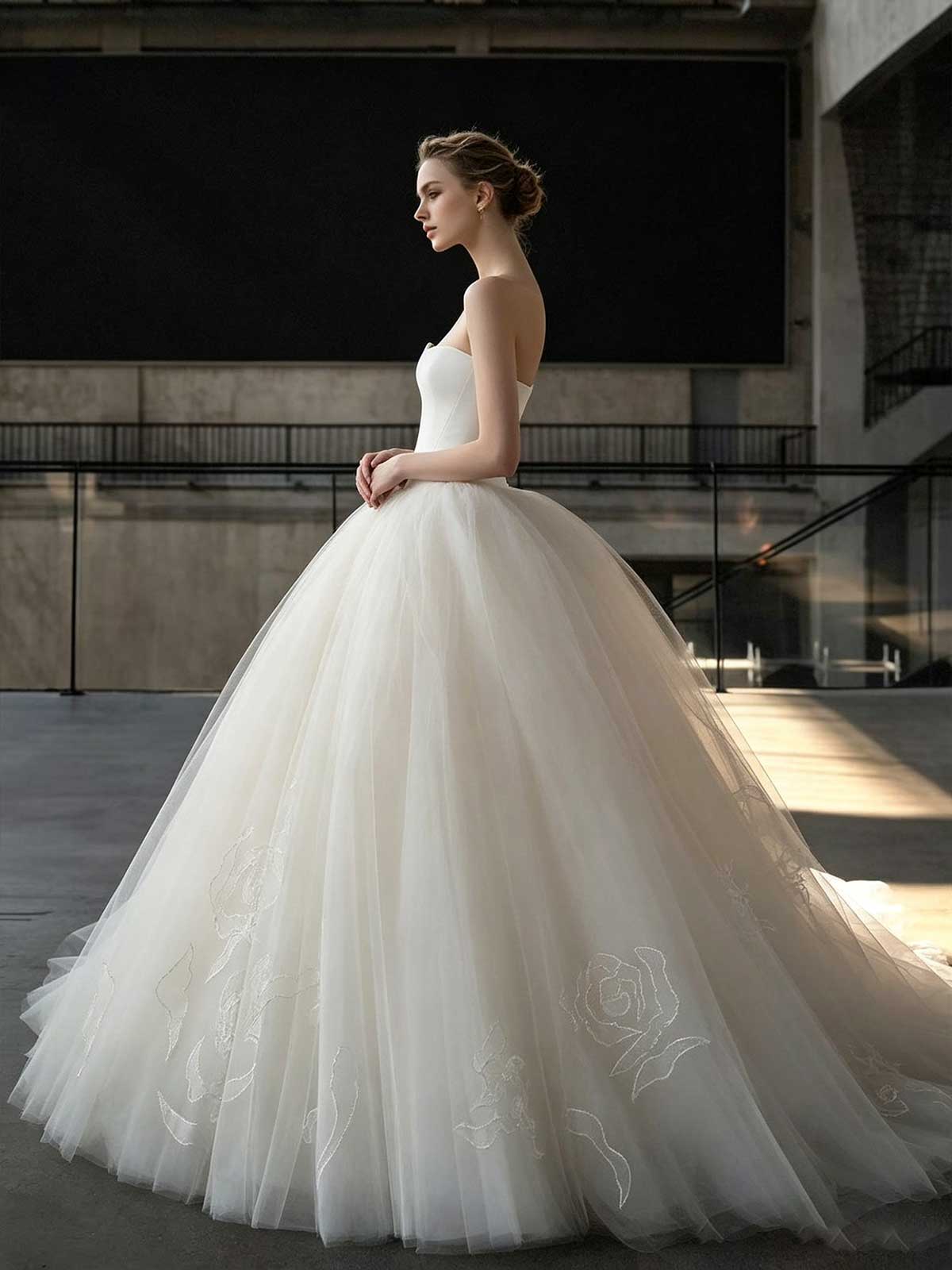 Minimalist Strapless Satin & Tulle Ball Gown Wedding Dress