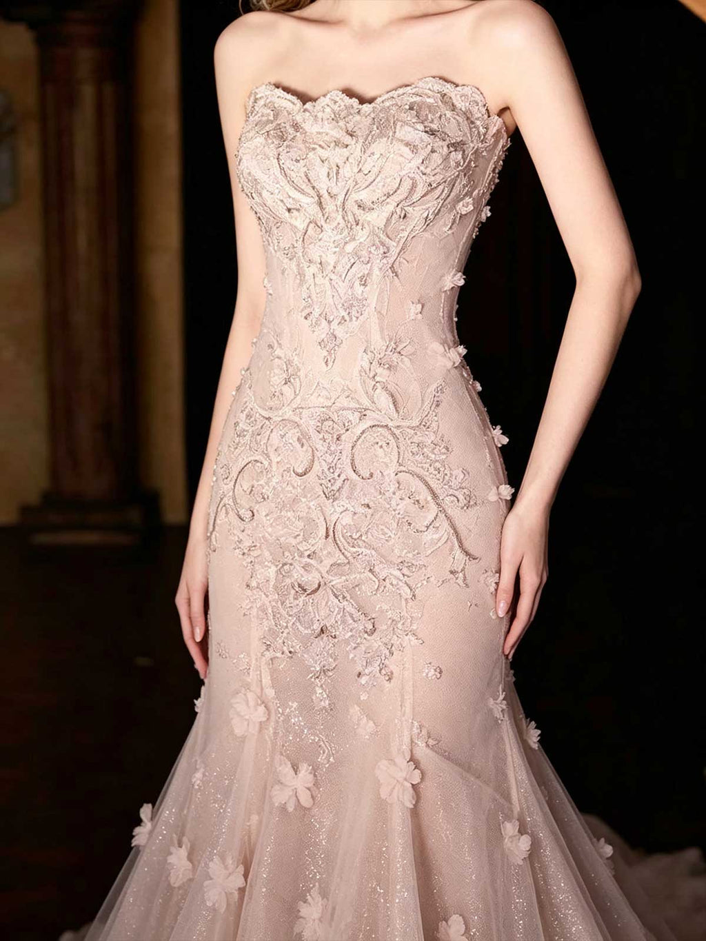 Blush Pink 3D Floral Applique Strapless Mermaid Wedding Dress with Veil