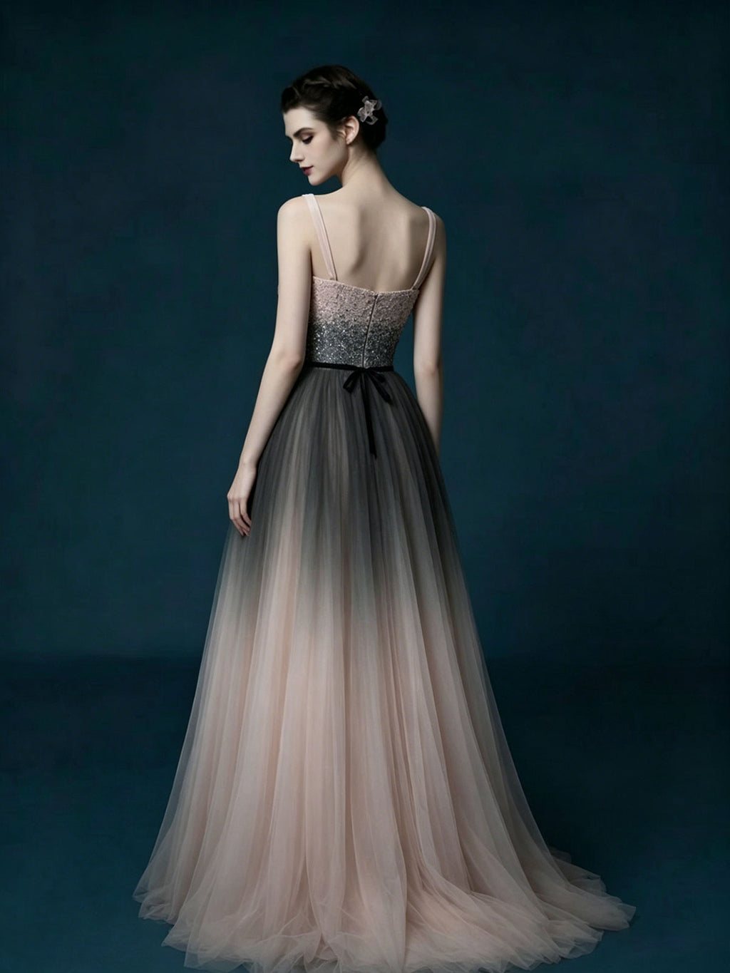 Champagne Halter Chain Sleeve Sequin Tulle A-Line Evening Gown