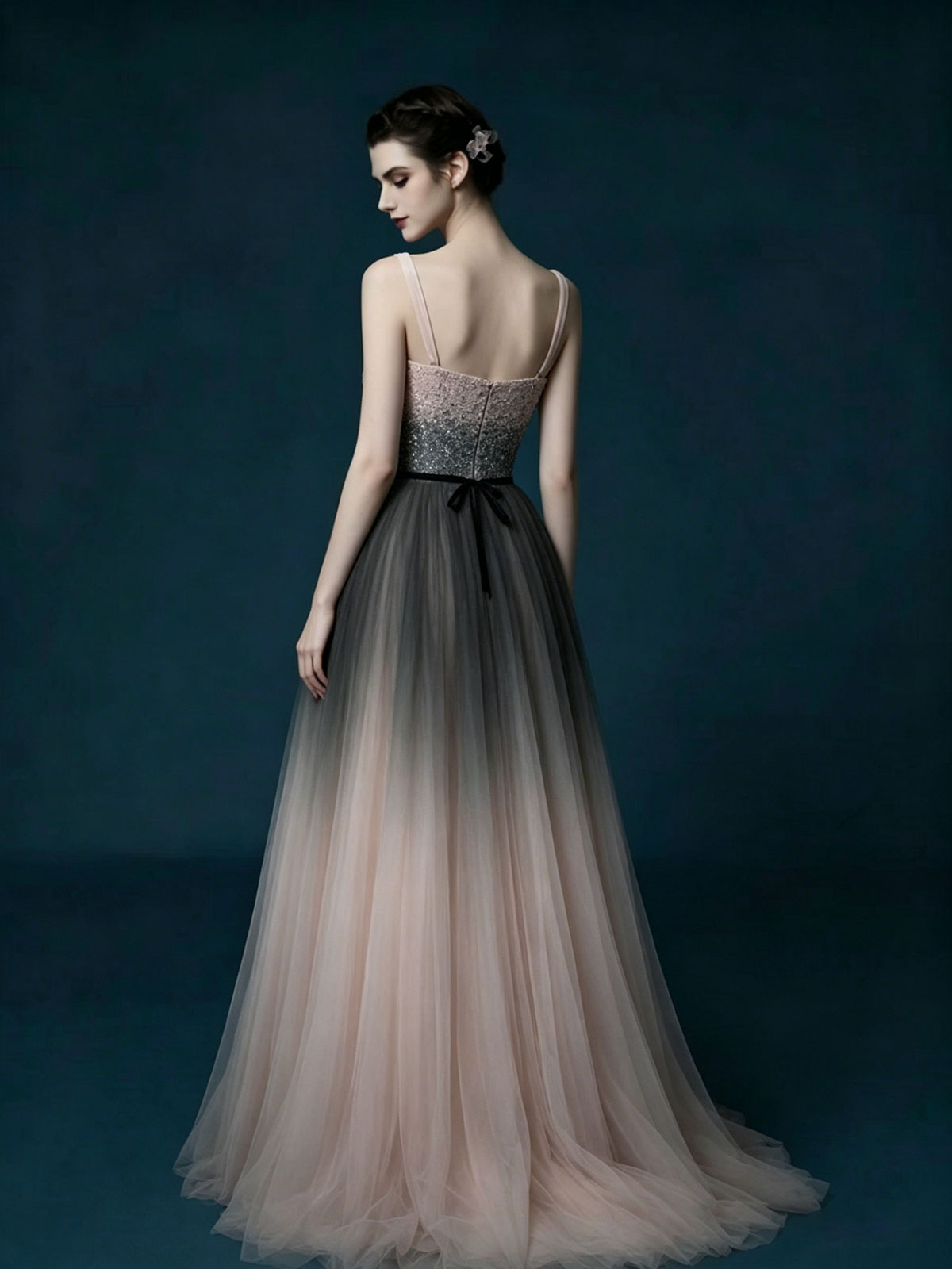 Champagne Halter Chain Sleeve Sequin Tulle A-Line Evening Gown