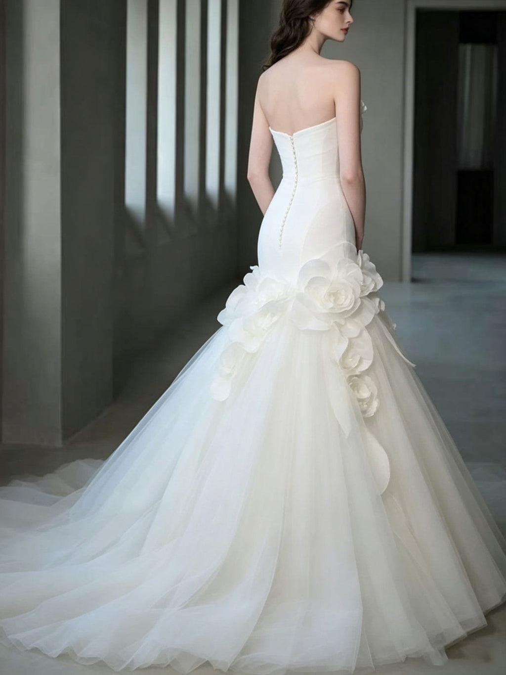 White Strapless Satin Mermaid Wedding Dress with Floral Tulle Skirt