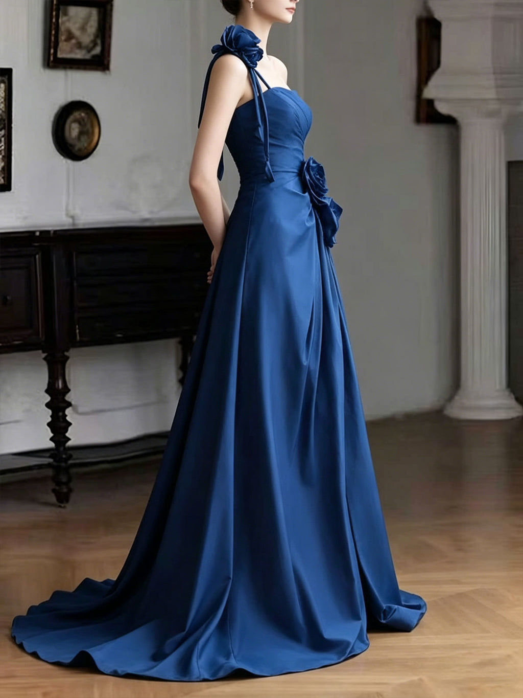 Royal Blue One-Shoulder Satin Evening Gown with 3D Floral Appliqués
