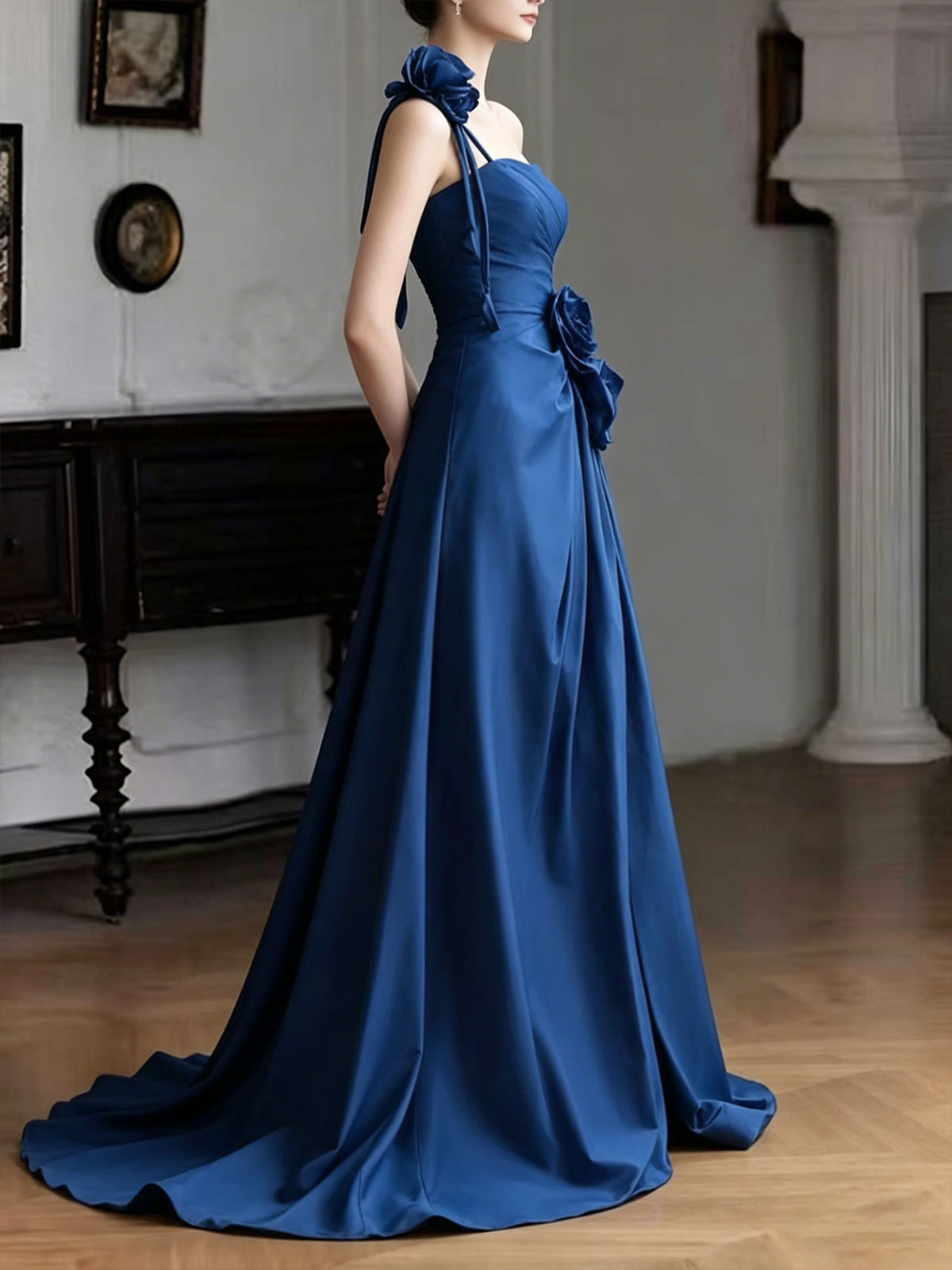 Royal Blue One-Shoulder Satin Evening Gown with 3D Floral Appliqués