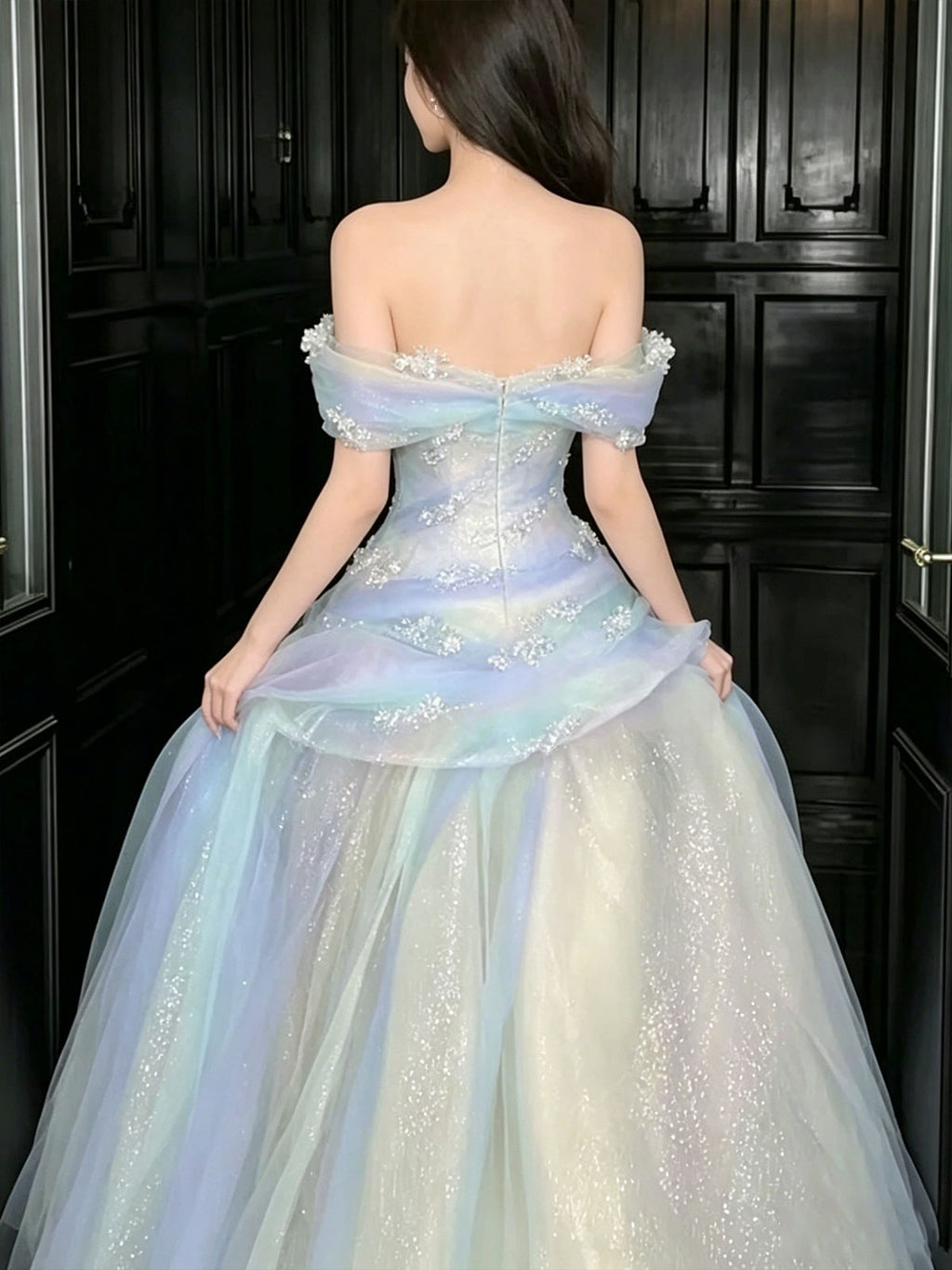 Off Shoulder Ombre Blue Glitter Tulle A-Line Ball Gown