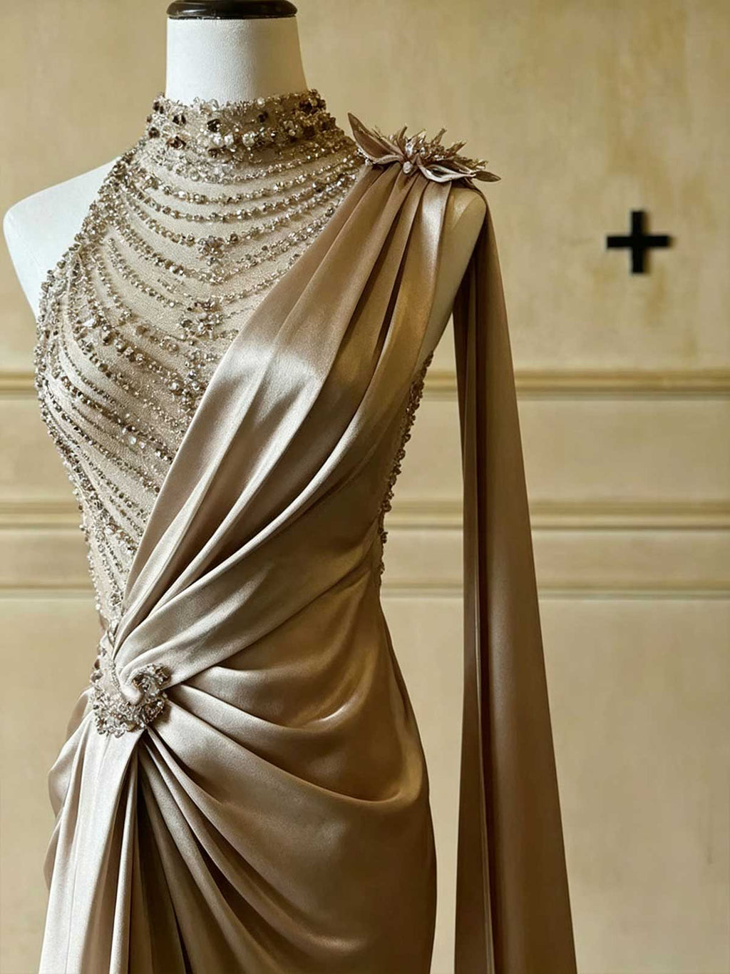 Champagne Gold One-Shoulder Satin Mermaid Evening Gown