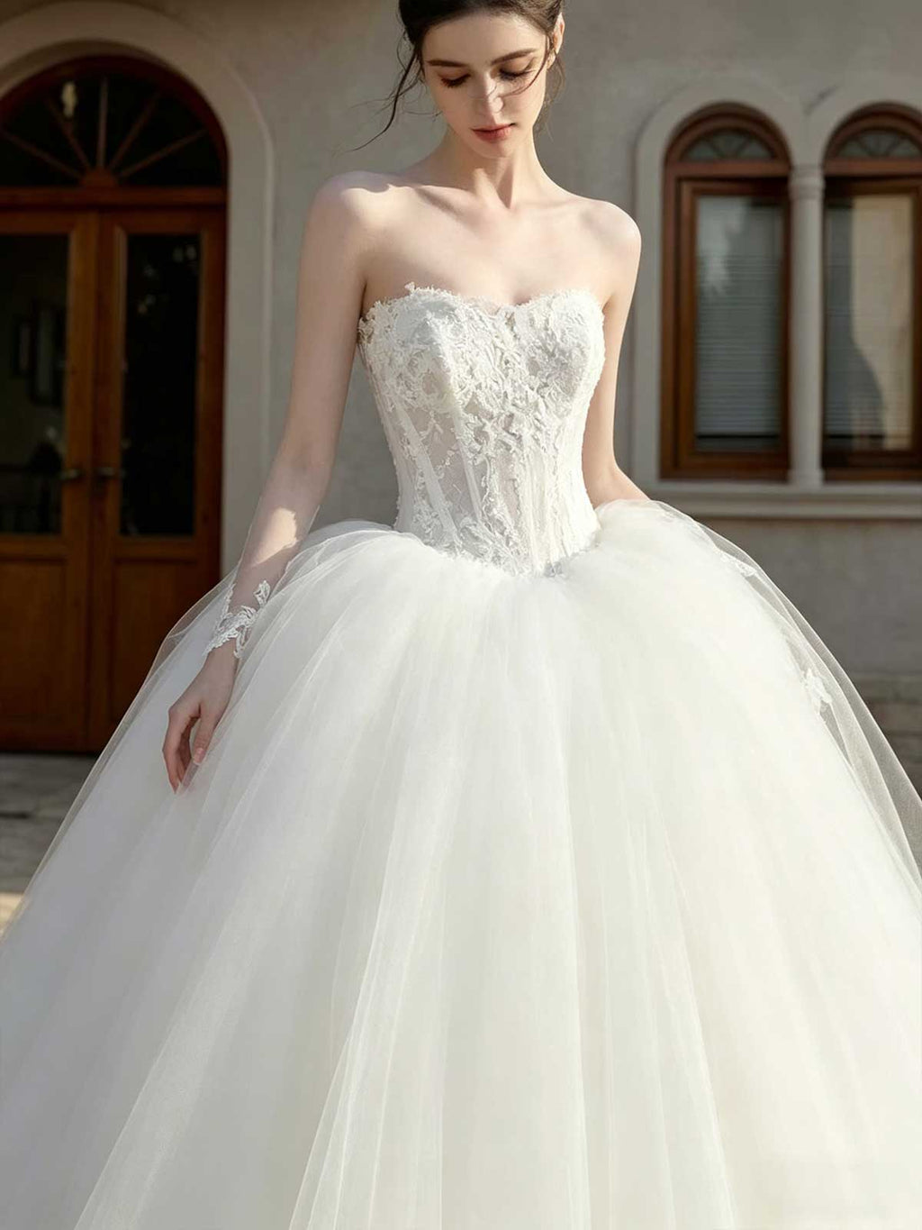 Strapless Lace Corset Ball Gown Wedding Dress with Voluminous Tulle Skirt