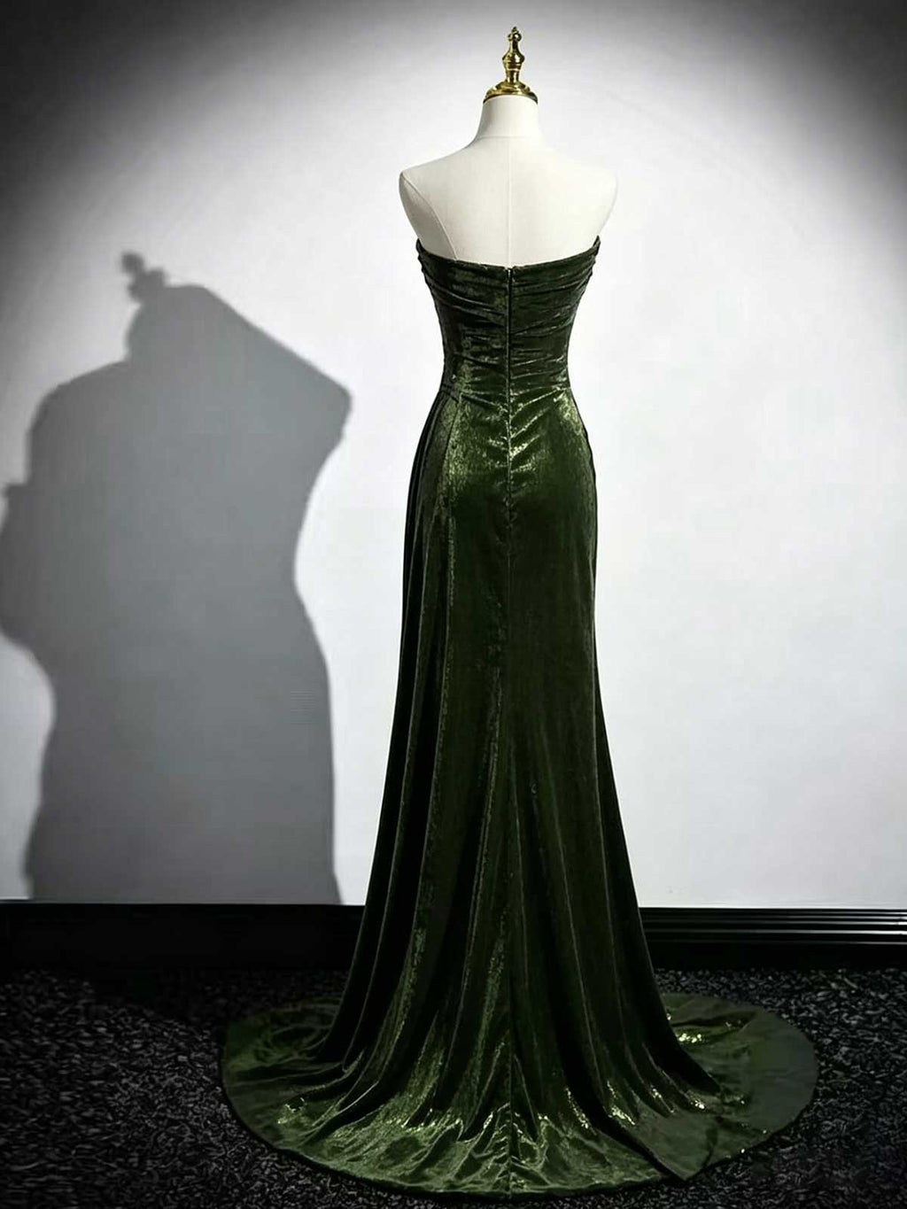 Deep Green Strapless Velvet Mermaid Evening Gown with Floral Appliqués