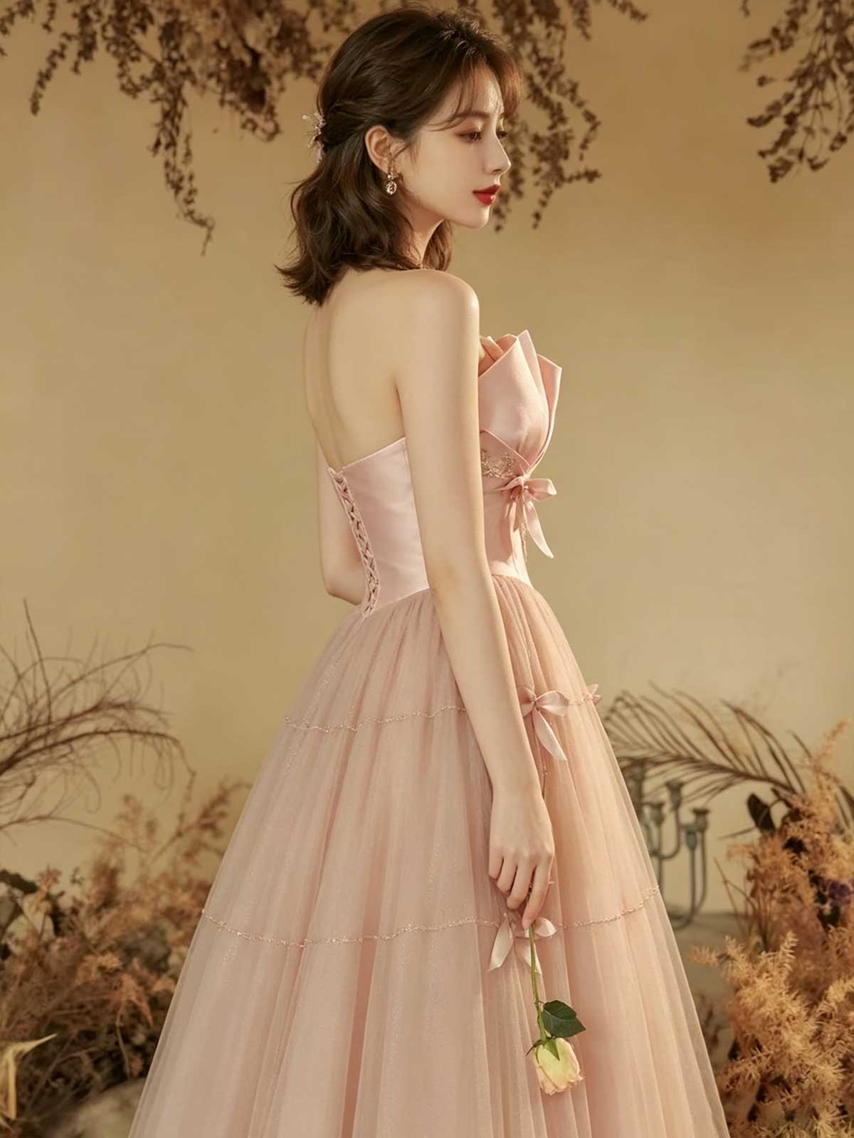 Blush Pink Bow Detail Strapless Tulle A-Line Prom Gown