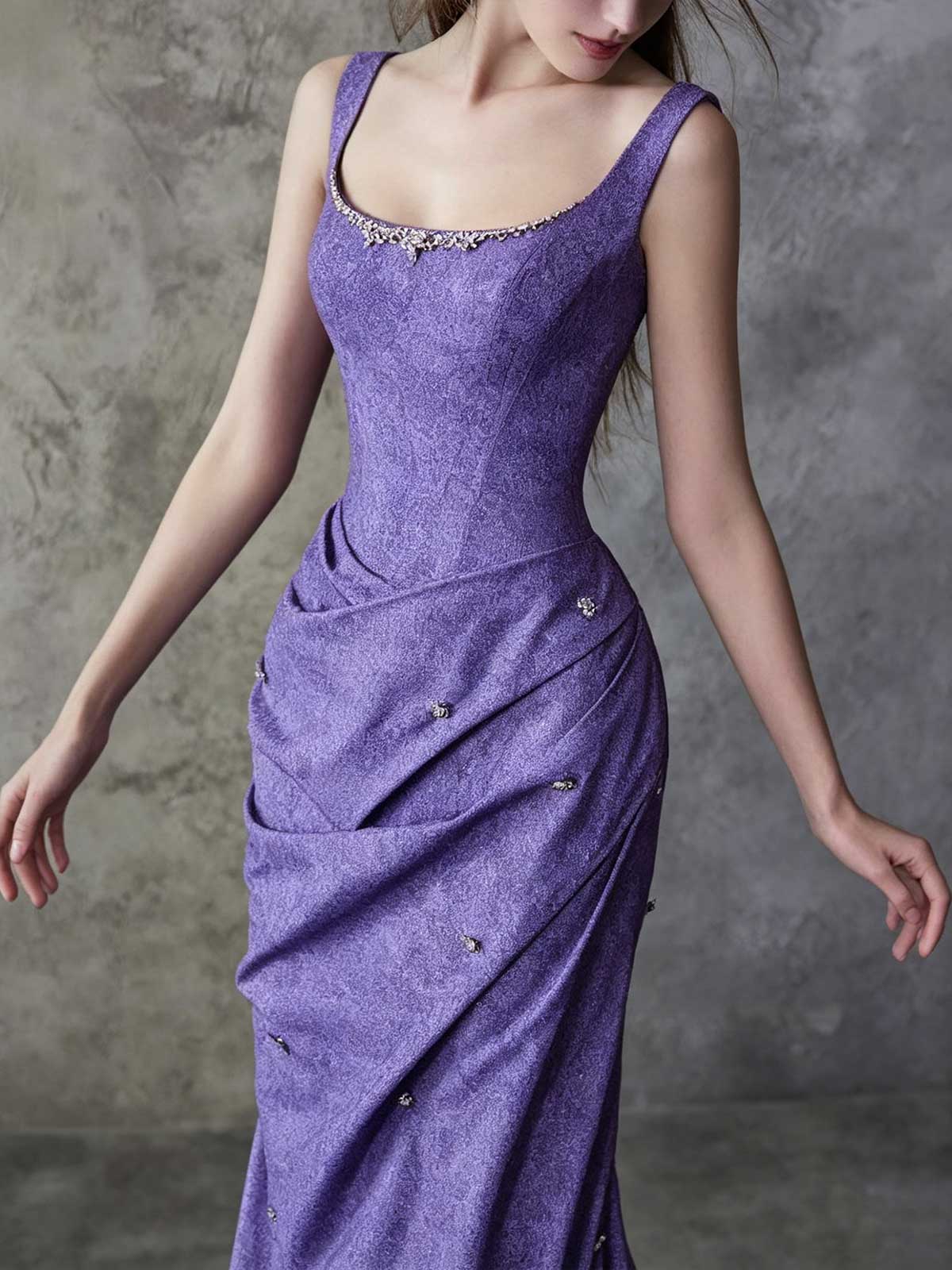 Purple Sleeveless Satin Mermaid Evening Gown with Beaded Neckline