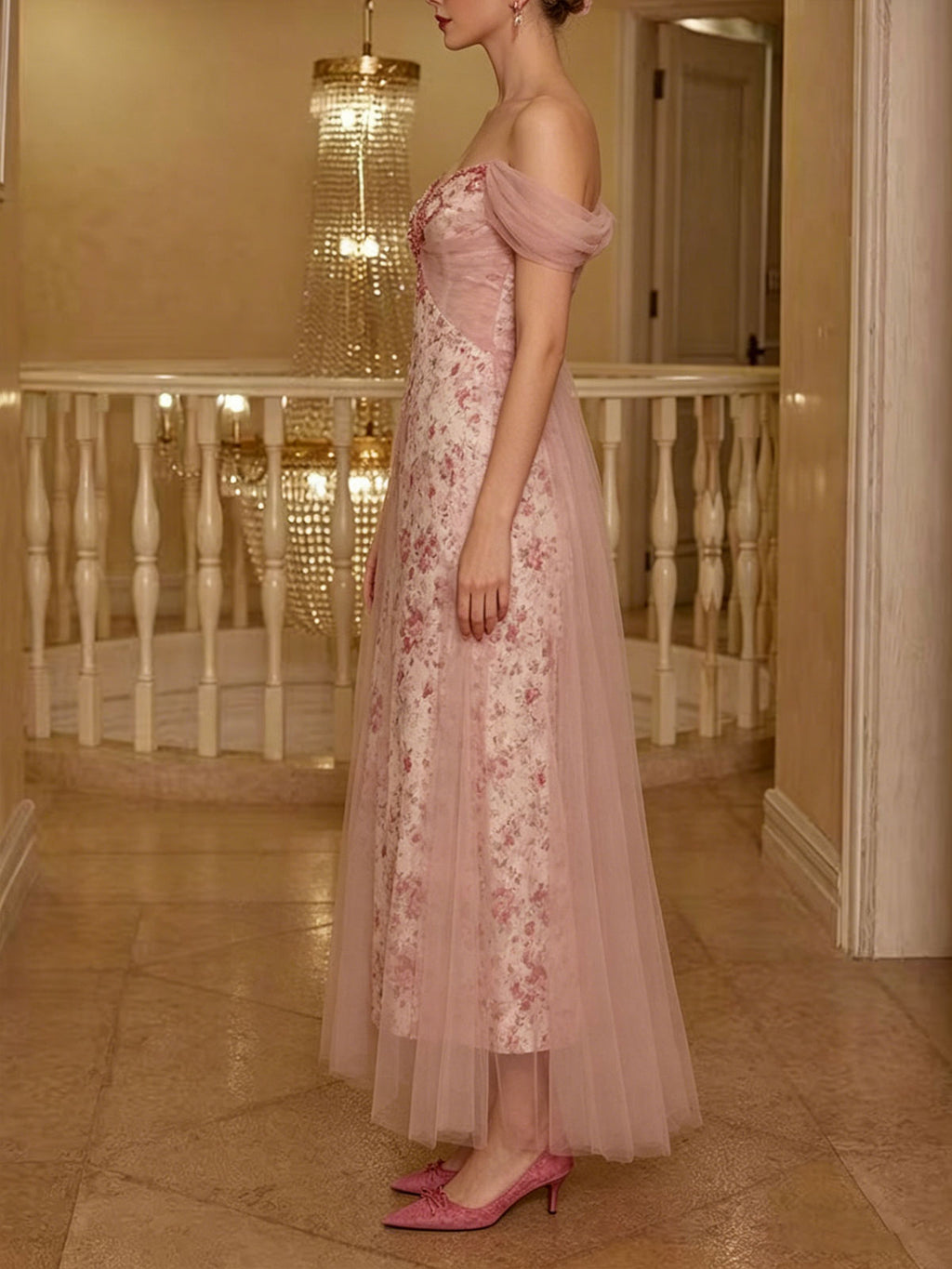 Off Shoulder Pink Floral Print Tulle Overlay Midi Evening Dress Sweetheart Formal Gown