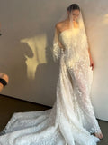 Strapless 3D Floral Lace Sheer Mermaid Wedding Dress with Slit & Veil