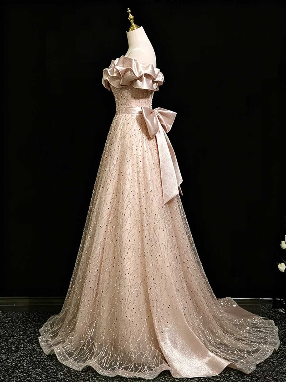 Champagne Pink Off-the-Shoulder Beaded Tulle Ball Gown with Bow Back