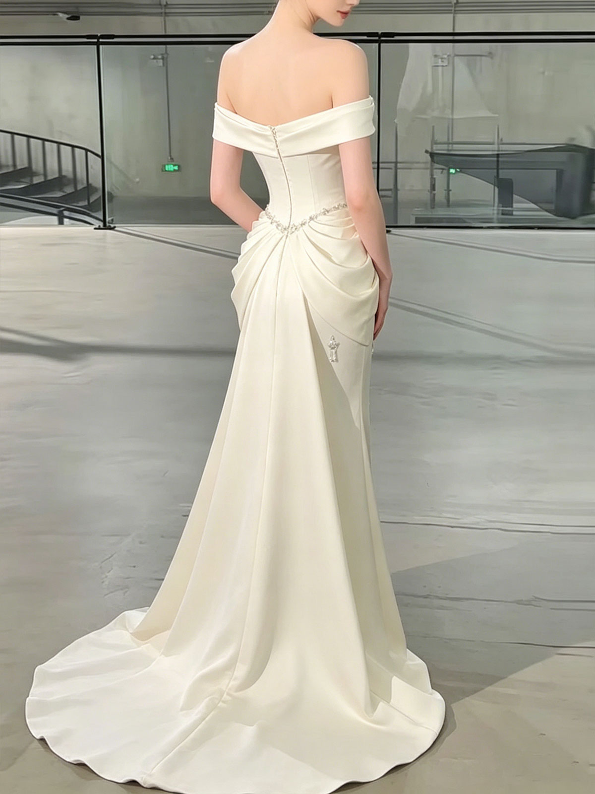 Off Shoulder Twist Waist Beaded Satin Mermaid Train Wedding Gown