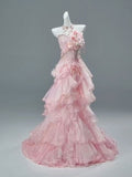 Blush Pink 3D Floral Ruffle Tiered Tulle Mermaid Prom Gown