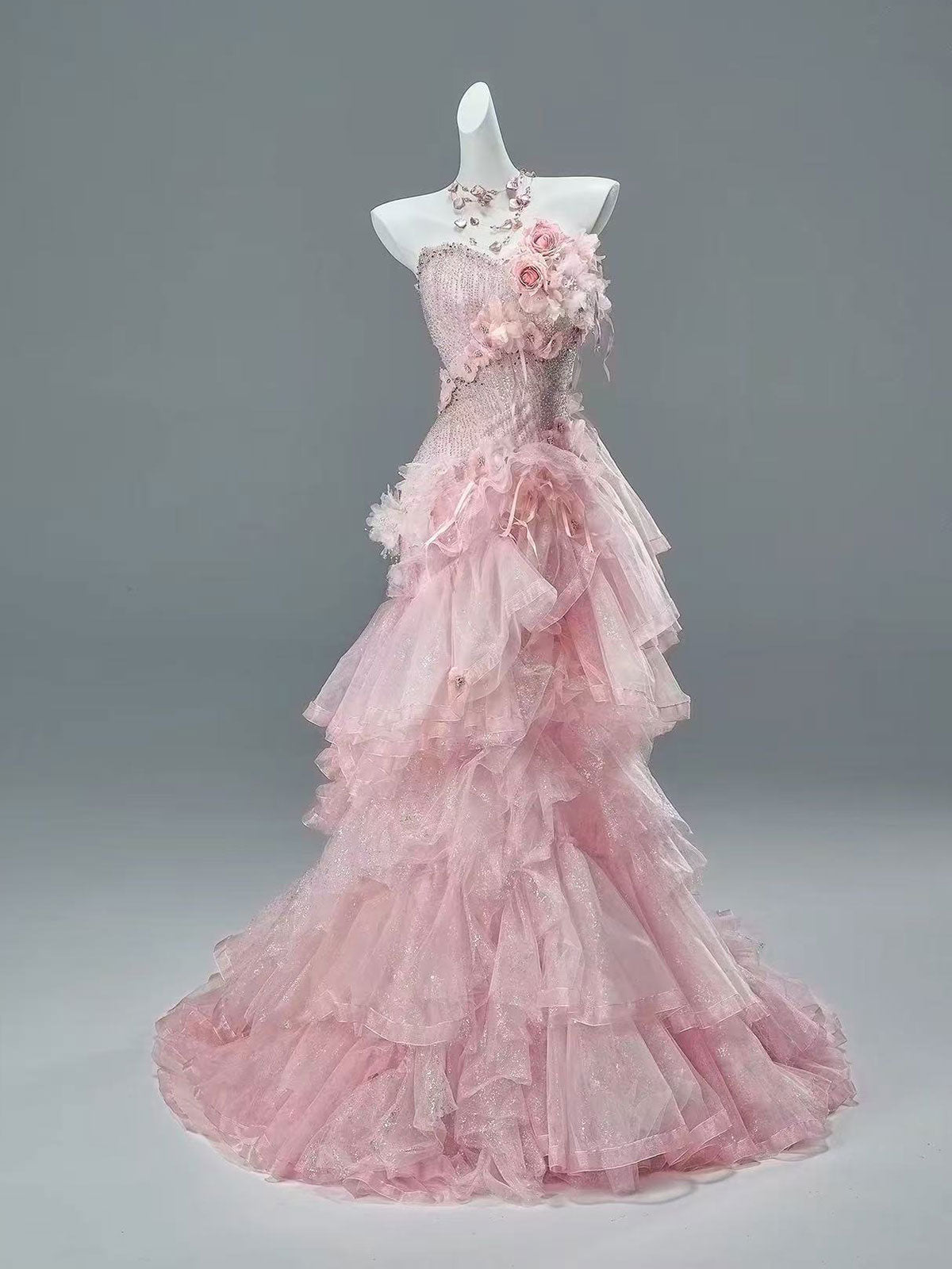 Blush Pink 3D Floral Ruffle Tiered Tulle Mermaid Prom Gown