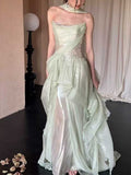 Mint Green Halter Ruffled Metallic Maxi Evening Gown