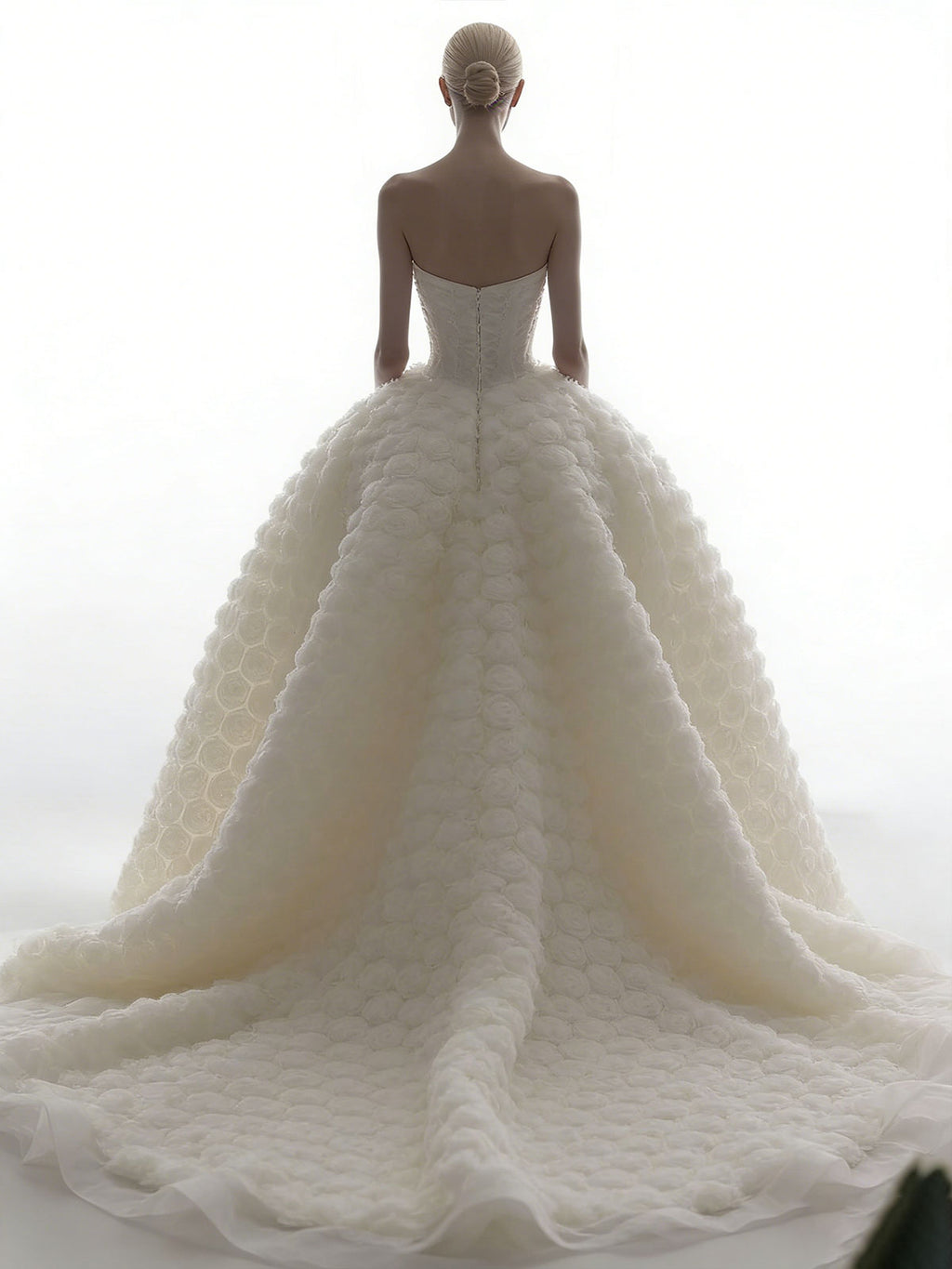 Ethereal Strapless Ball Gown with 3D Rose Textured Skirt & Sheer Tulle Overlay