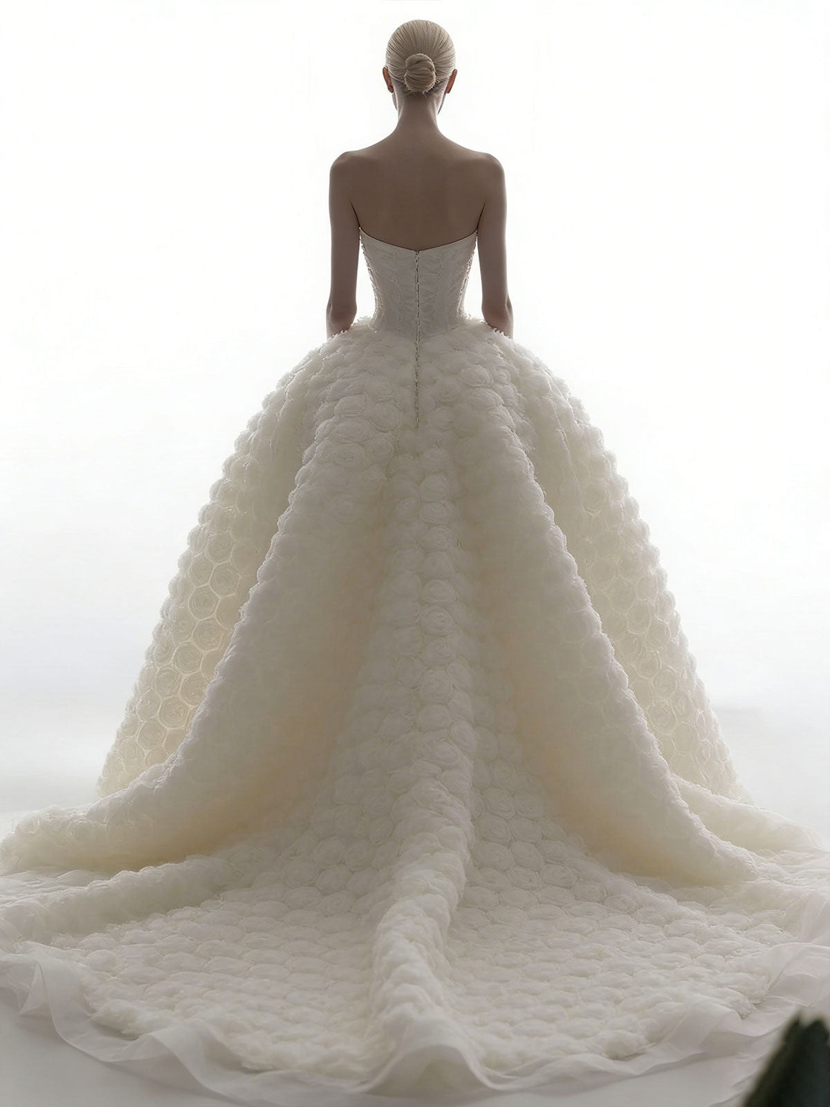 Ethereal Strapless Ball Gown with 3D Rose Textured Skirt & Sheer Tulle Overlay
