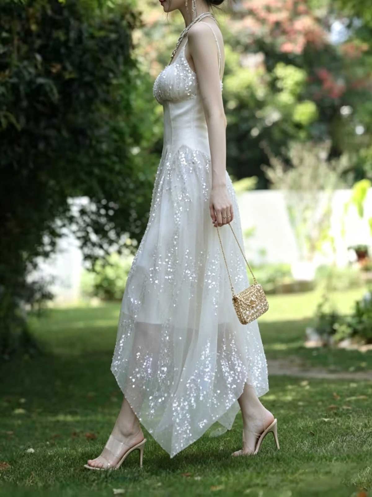 White Sequin Spaghetti Strap Asymmetrical Midi Cocktail Dress