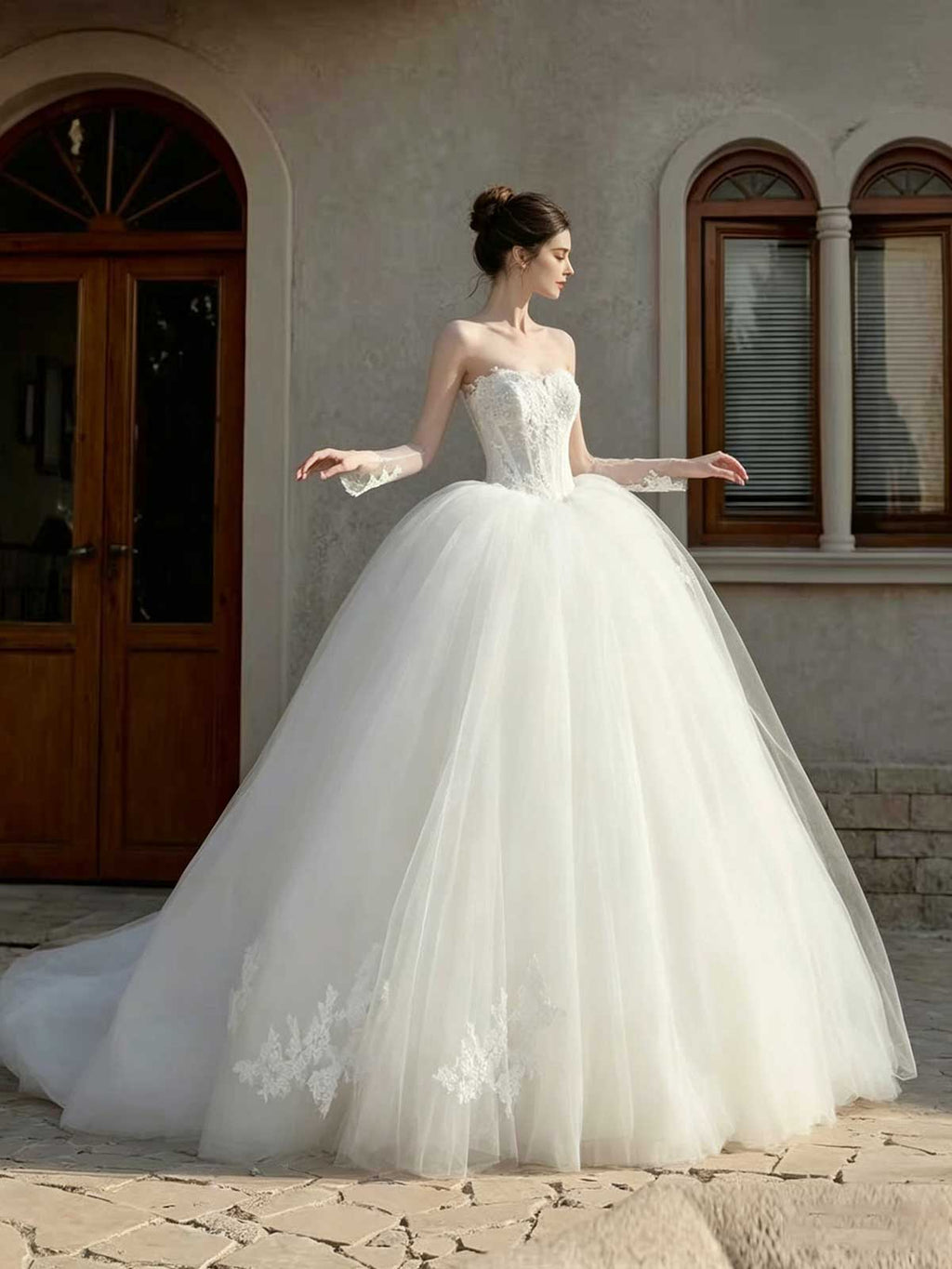 Strapless Lace Corset Ball Gown Wedding Dress with Voluminous Tulle Skirt
