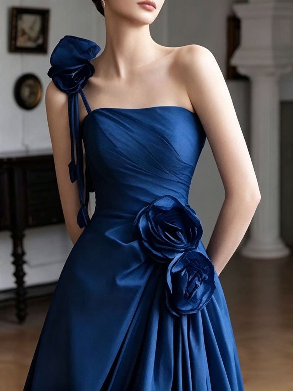 Royal Blue One-Shoulder Satin Evening Gown with 3D Floral Appliqués