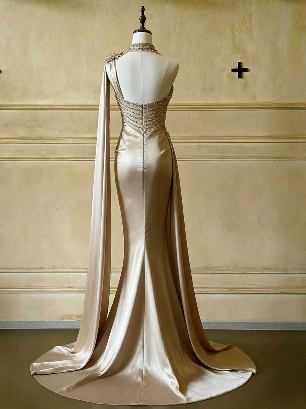 Champagne Gold One-Shoulder Satin Mermaid Evening Gown