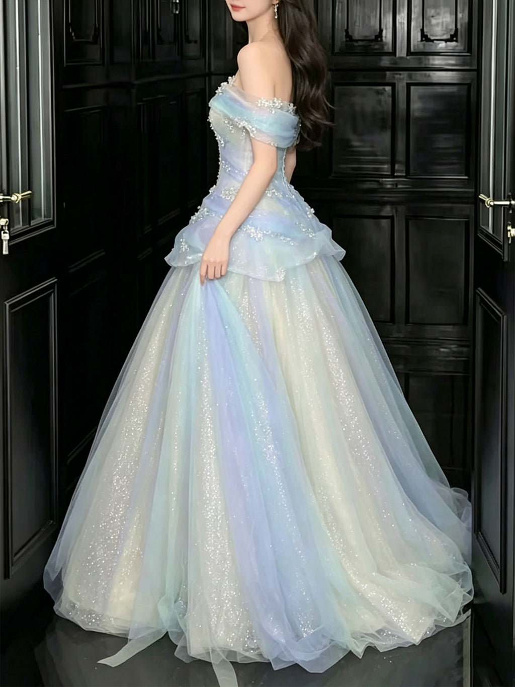 Off Shoulder Ombre Blue Glitter Tulle A-Line Ball Gown