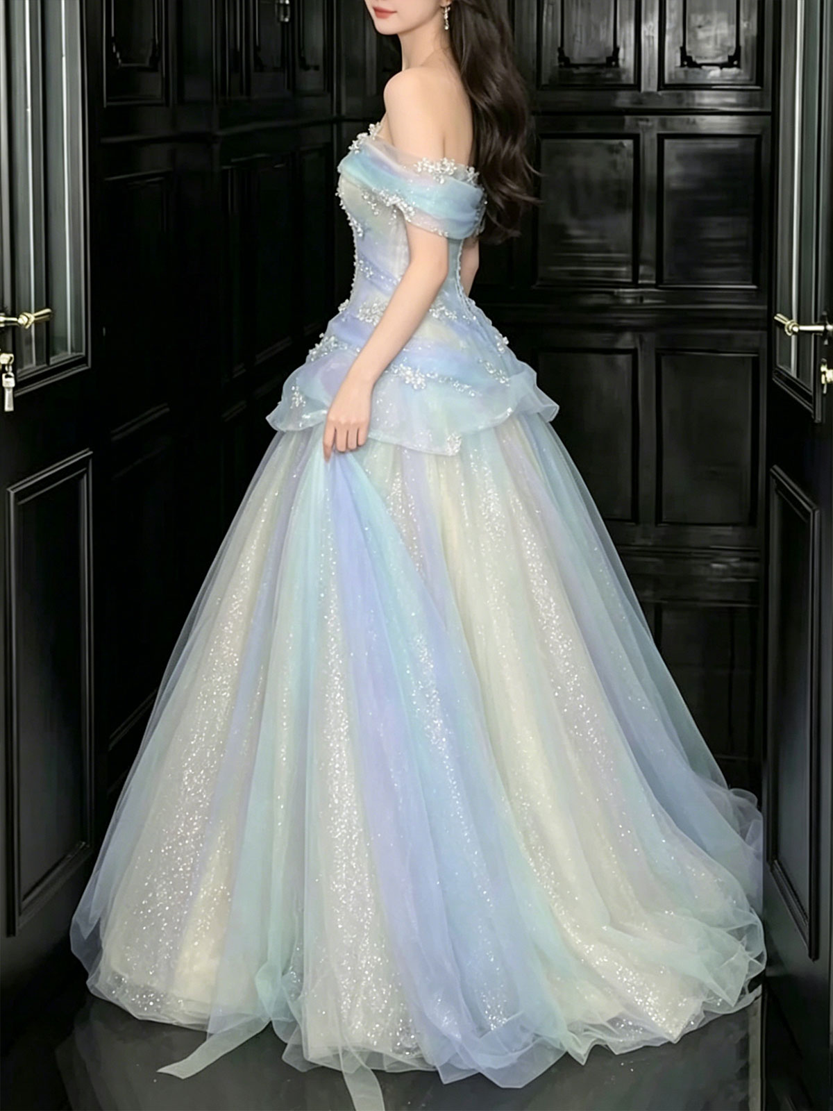Off Shoulder Ombre Blue Glitter Tulle A-Line Ball Gown