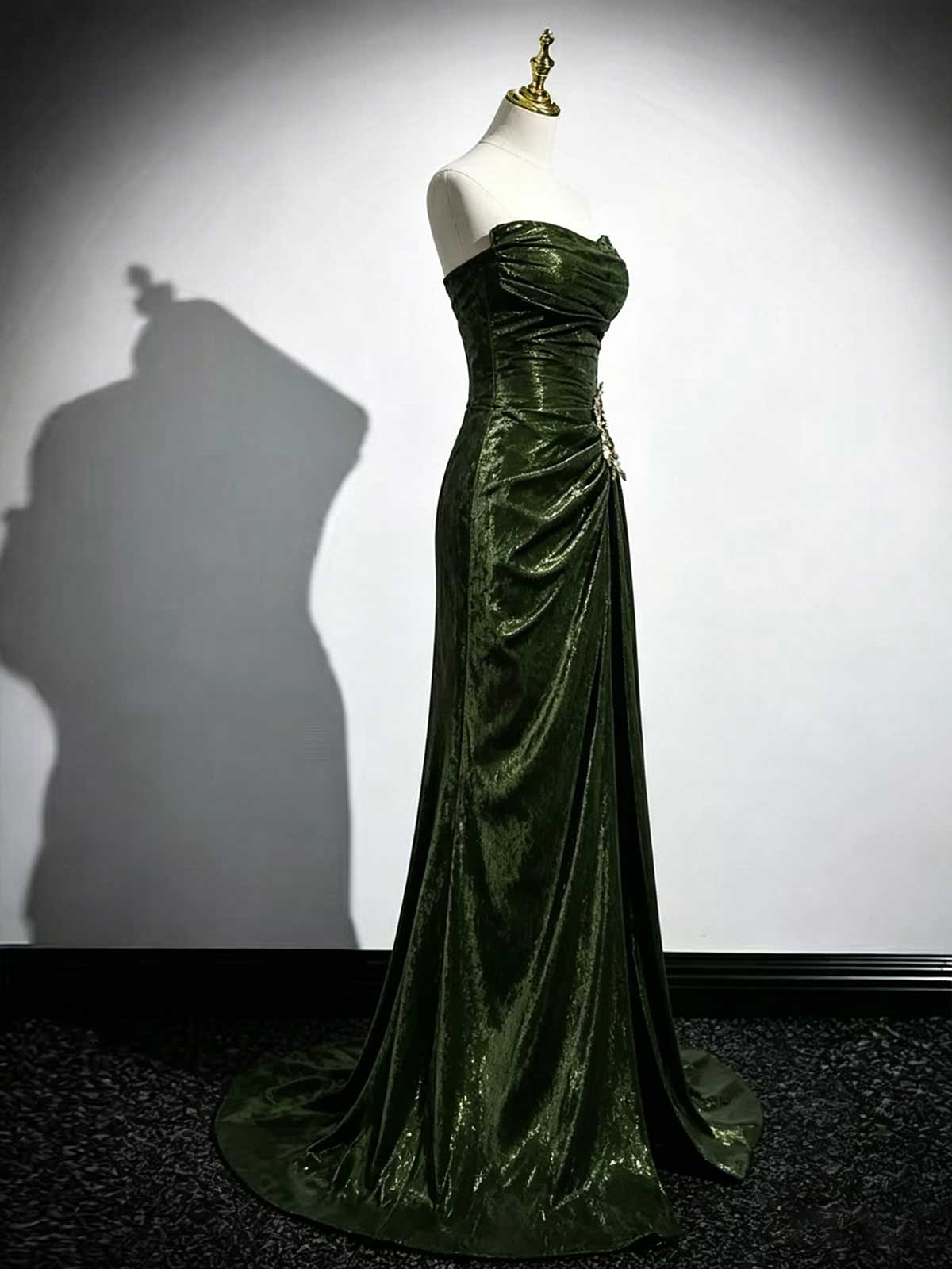 Deep Green Strapless Velvet Mermaid Evening Gown with Floral Appliqués