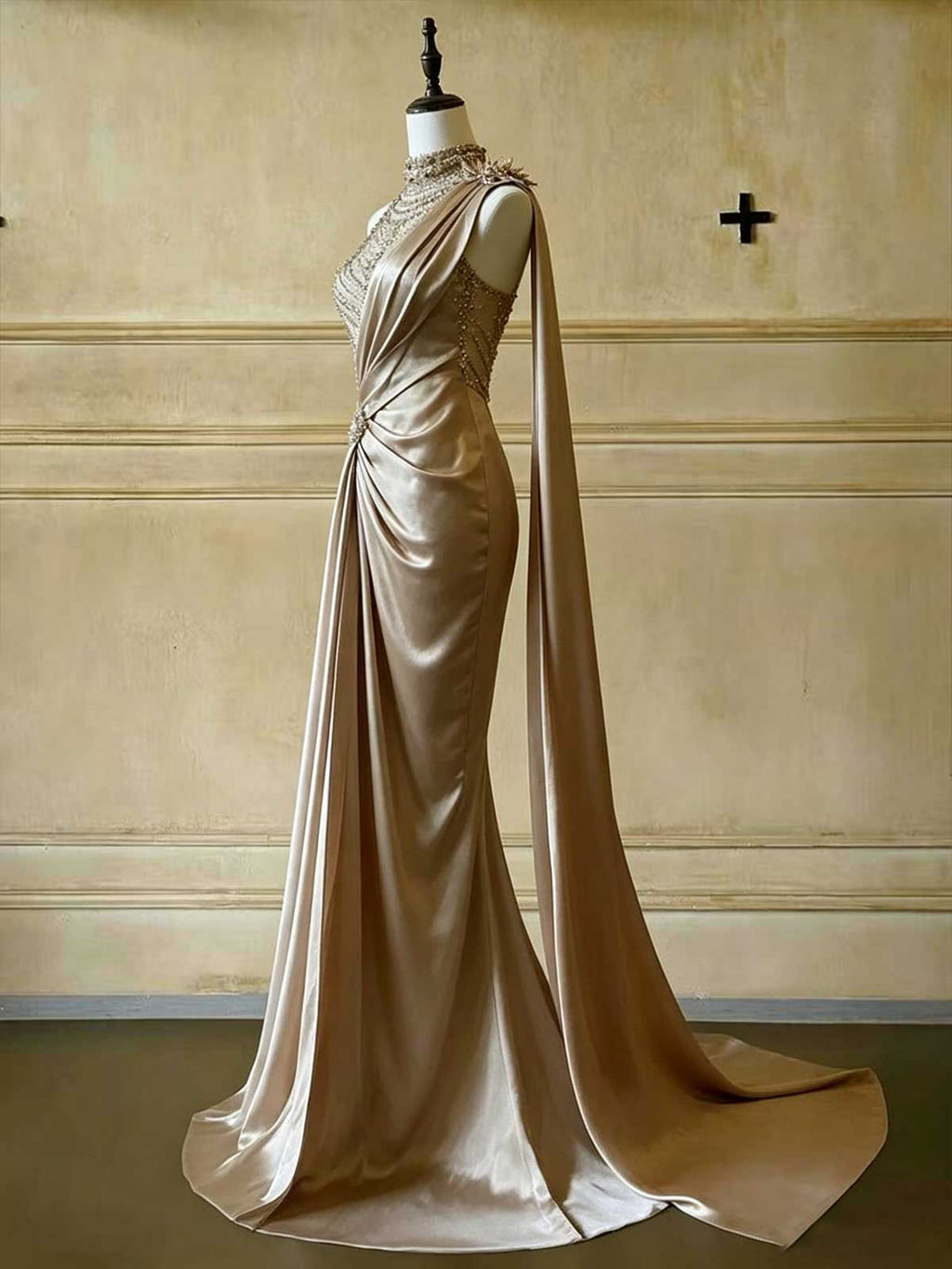 Champagne Gold One-Shoulder Satin Mermaid Evening Gown