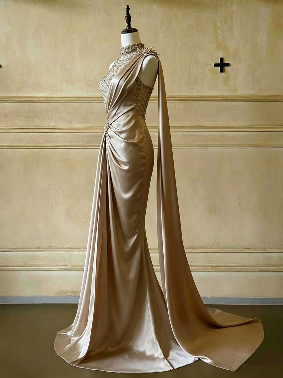 Champagne Gold One-Shoulder Satin Mermaid Evening Gown