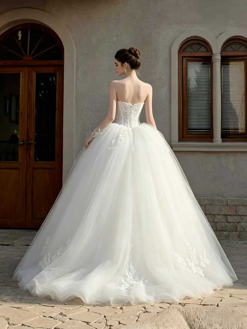 Strapless Lace Corset Ball Gown Wedding Dress with Voluminous Tulle Skirt