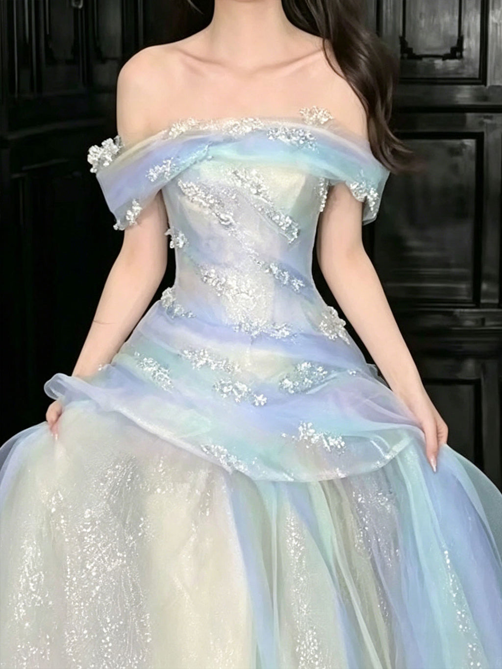 Off Shoulder Ombre Blue Glitter Tulle A-Line Ball Gown