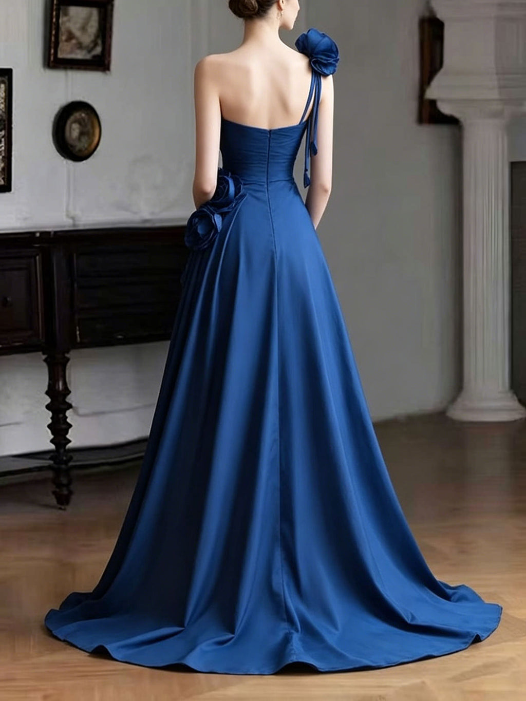 Royal Blue One-Shoulder Satin Evening Gown with 3D Floral Appliqués