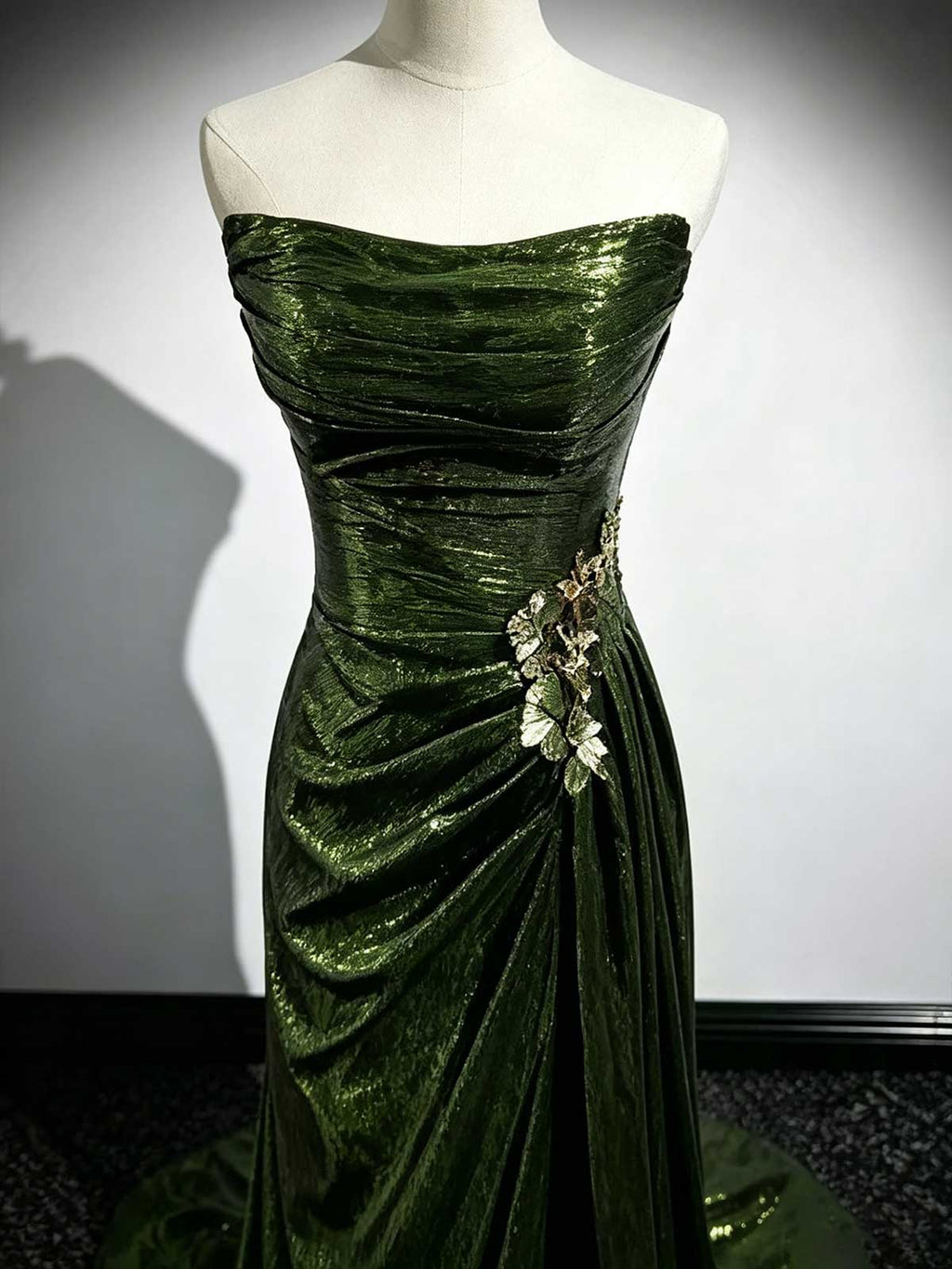 Deep Green Strapless Velvet Mermaid Evening Gown with Floral Appliqués