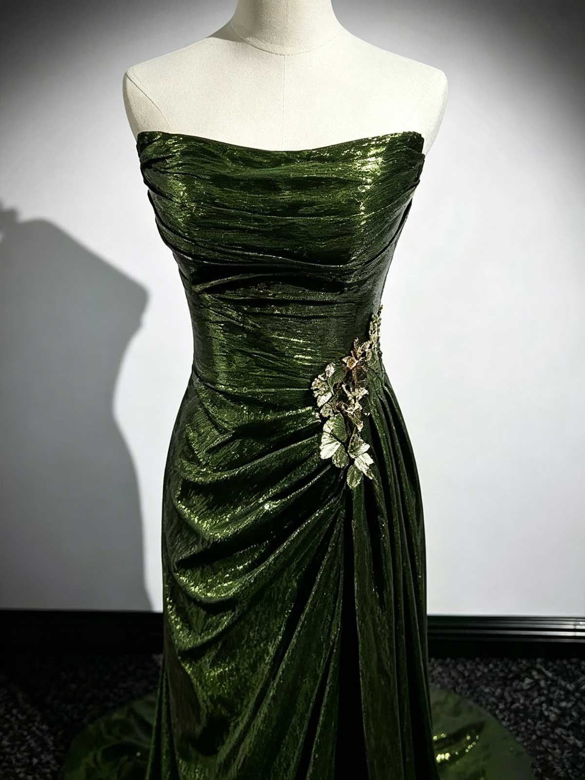 Deep Green Strapless Velvet Mermaid Evening Gown with Floral Appliqués